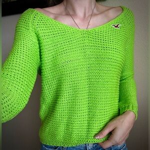 Y2K Knit Hollister Sweater Lime Green Embroidered Logo M S